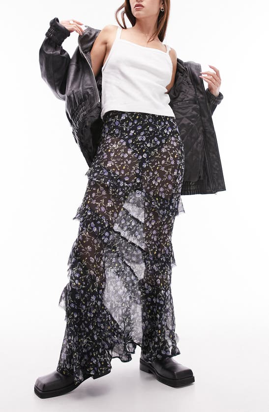 Shop Topshop Floral Ruffle Sheer Maxi Skirt In Black Multi