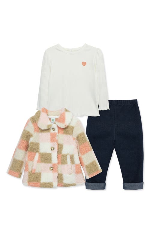 LITTLE ME LITTLE ME CHECK HIGH PILE FLEECE JACKET, LONG SLEEVE TOP & JEANS SET 