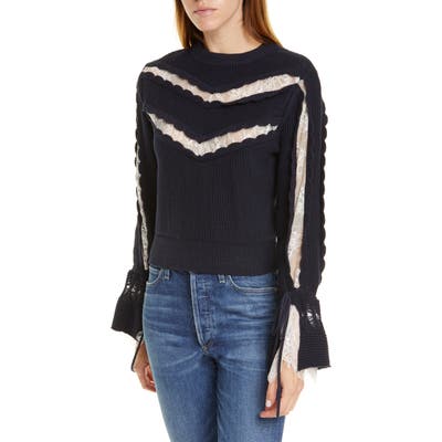 Self-Portrait Scalloped Cotton & Wool Sweater With Lace Trim, Blue