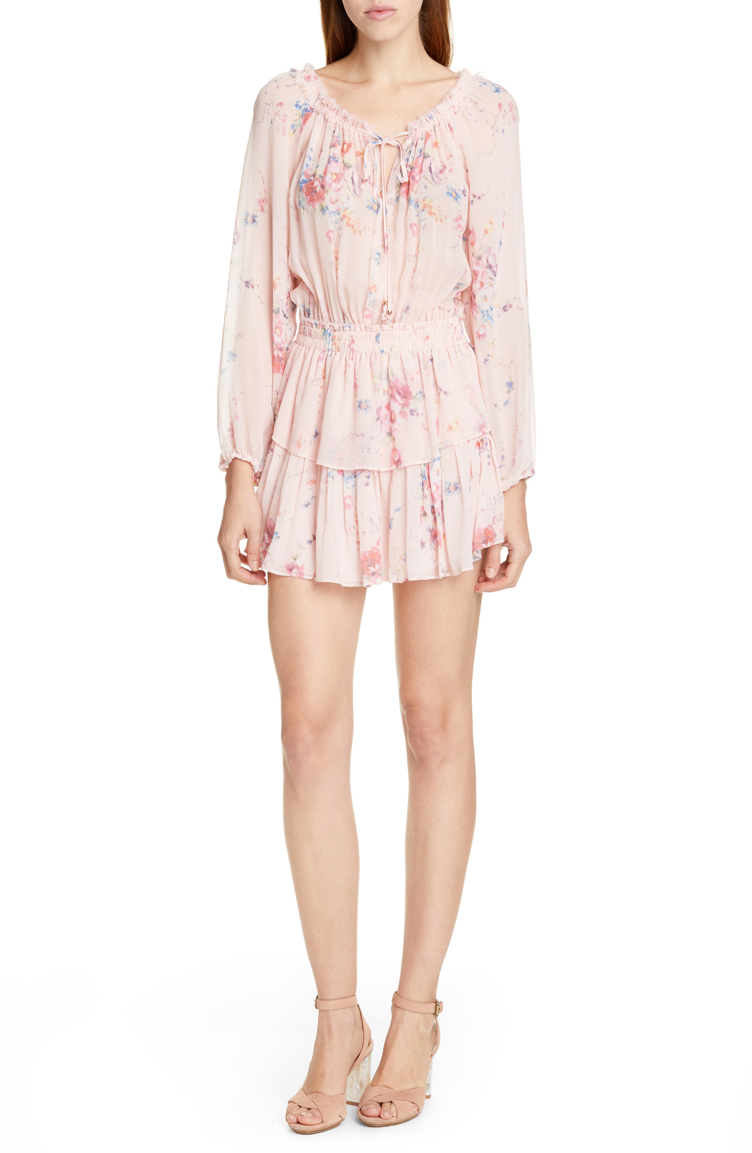 Loveshackfancy Popover Floral Long Sleeve Silk Minidress, Pink