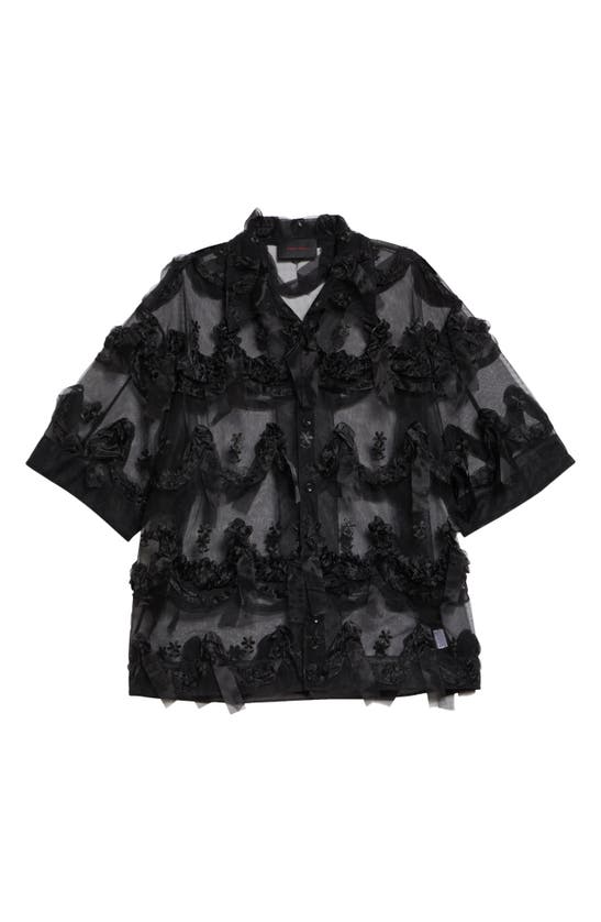 Simone Rocha Relaxed Cake Tulle Short Sleeve Button-up Shirt In Black