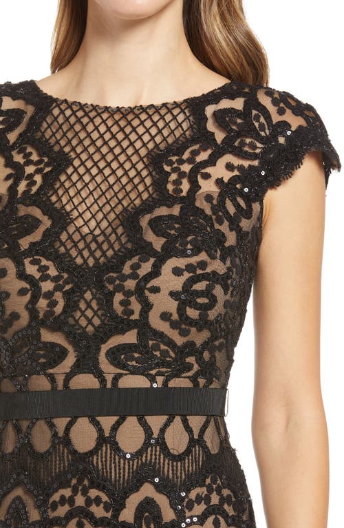 Shop Tadashi Shoji Sequin Lace Body-con Cocktail Dress In Black/nude