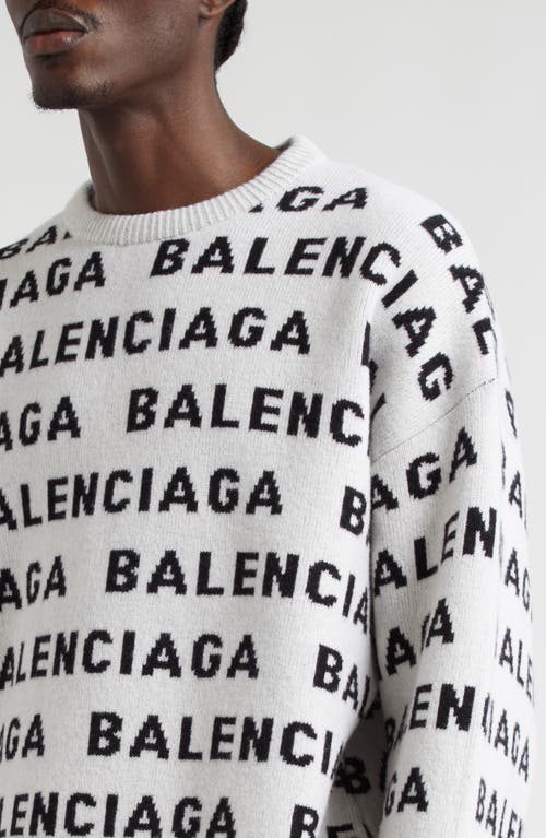 Shop Balenciaga Allover Logo Wool Blend Crewneck Sweater In White/black