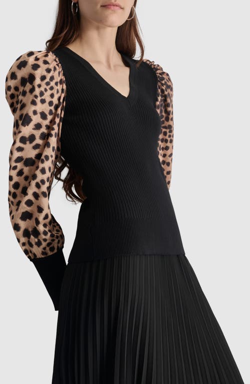 Shop Dkny Rib Puff Shoulder Sweater In Black/cheetah Repeat