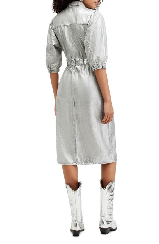 Shop Allsaints Osa Metallic Puff Sleeve Denim Shirtdress In Metallic Silver