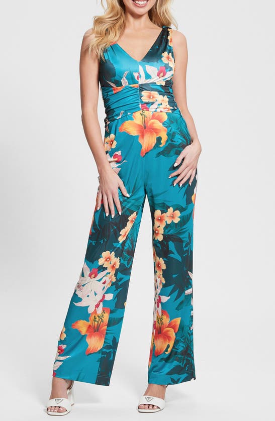Shop Guess Emily Floral Print Jumpsuit In Blue
