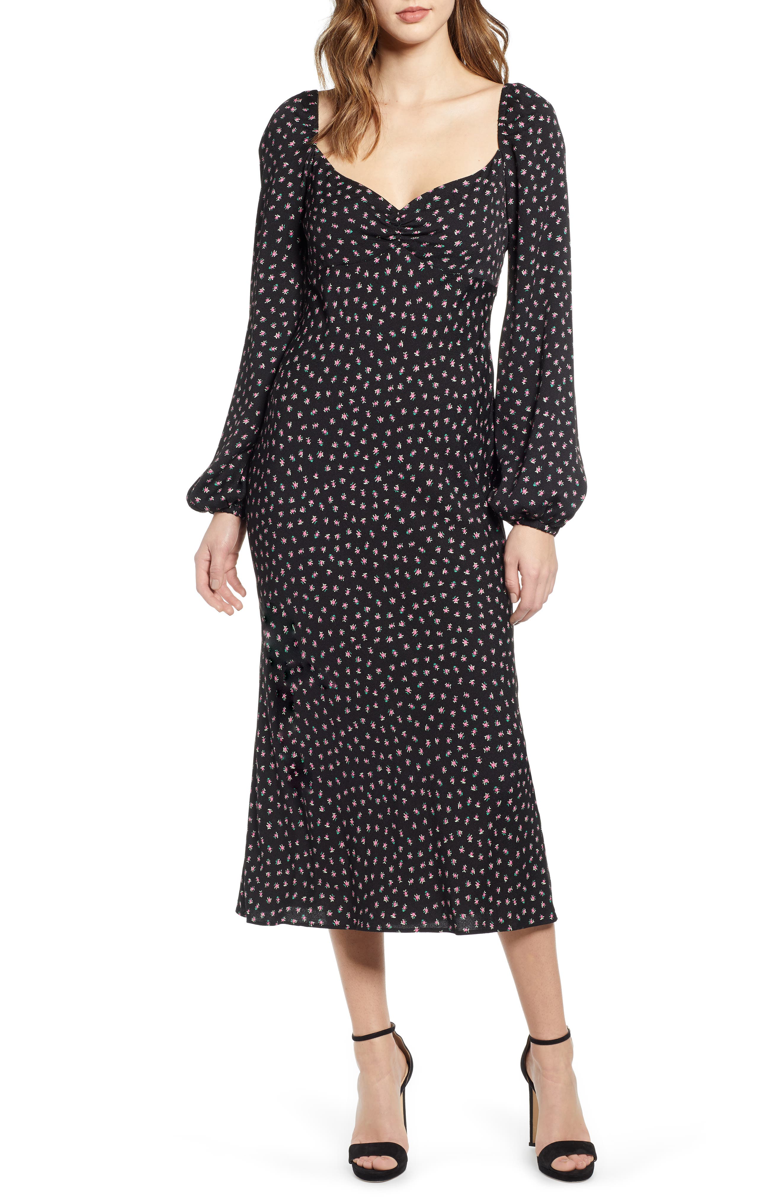 Afrm Trixie Balloon Sleeve Midi Dress, Black
