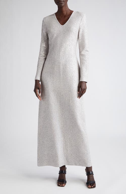 V-Neck Long Sleeve Sequin Column Gown in Light Gray Multi