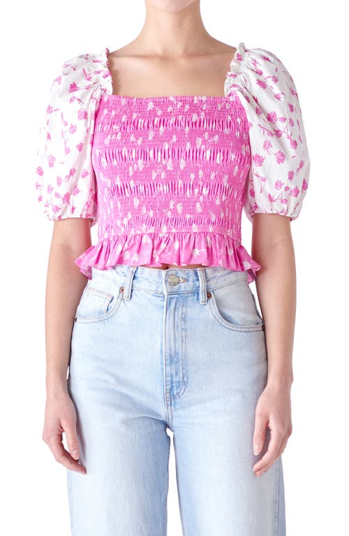 Shop English Factory Colorblock Tulip Print Smocked Top In Pink/white