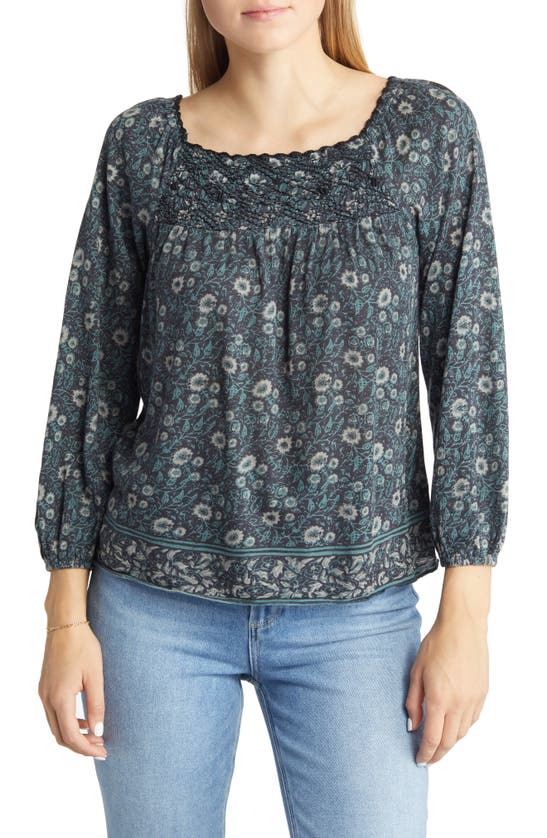 Lucky Brand Embroidered Smocked Peasant Top In Black Multi