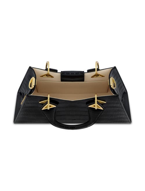 Mac Duggal Gold Plated Hardware Crocodile Embossed Leather Handbag In Black