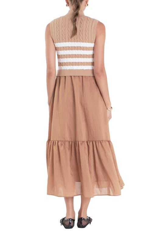 Shop English Factory Mixed Media Tiered Midi Dress In Camel/white