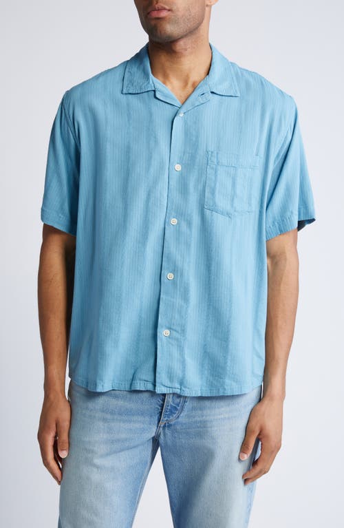 Striped Seersucker Short Sleeve Button-Up Camp Shirt in Blue