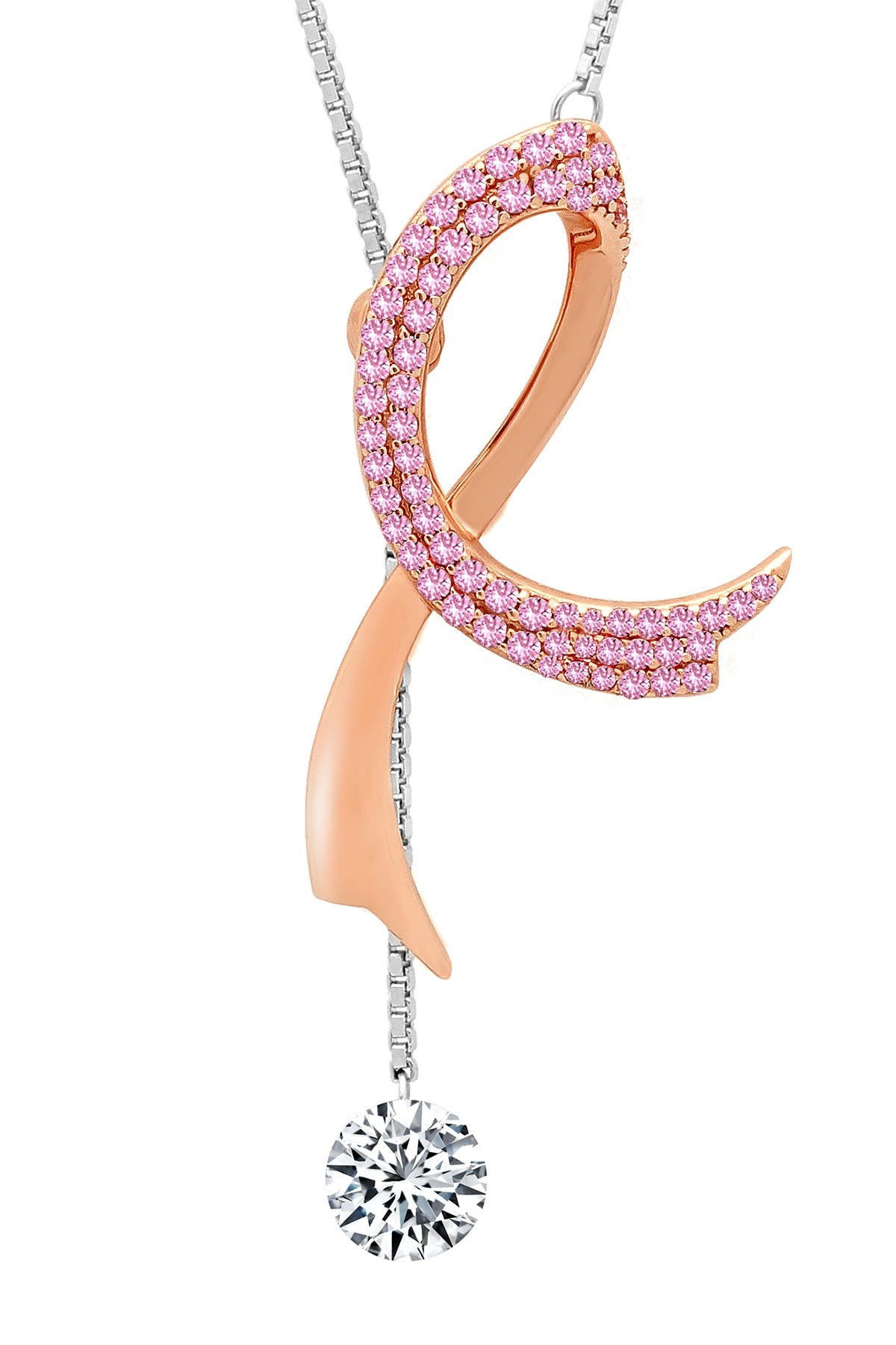 Lafonn Platinum & Rose Gold Plated Sterling Silver Pave Simulated Diamond Pink Ribbon Lariat Necklace In Wh In White-pink