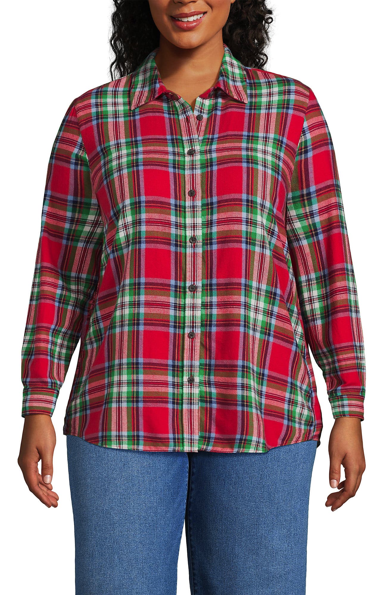 Lands' End Plus Size Flannel Boyfriend Fit Long Sleeve Shirt in Heritage Red Plaid Cover