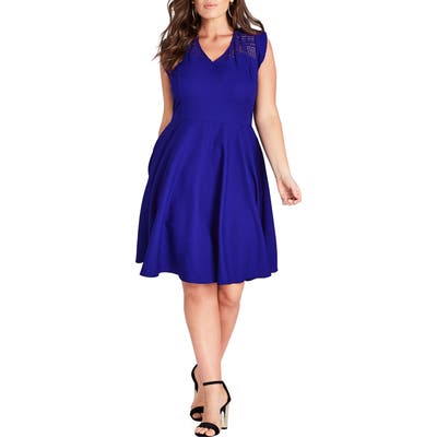 Plus Size City Chic First Place Crochet Yoke Fit & Flare Dress, Blue