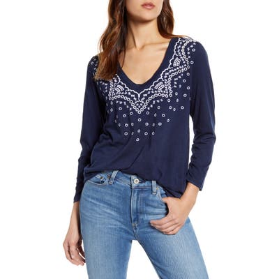 Lucky Brand Embroidered Three-Quarter Sleeve Tee, Blue
