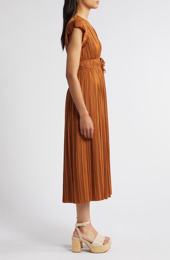 Shop Moon River Pleated Tie Waist Midi Dress In Copper