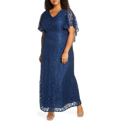 Plus Size Kiyonna Celestial Cape Sleeve Lace Gown, Blue