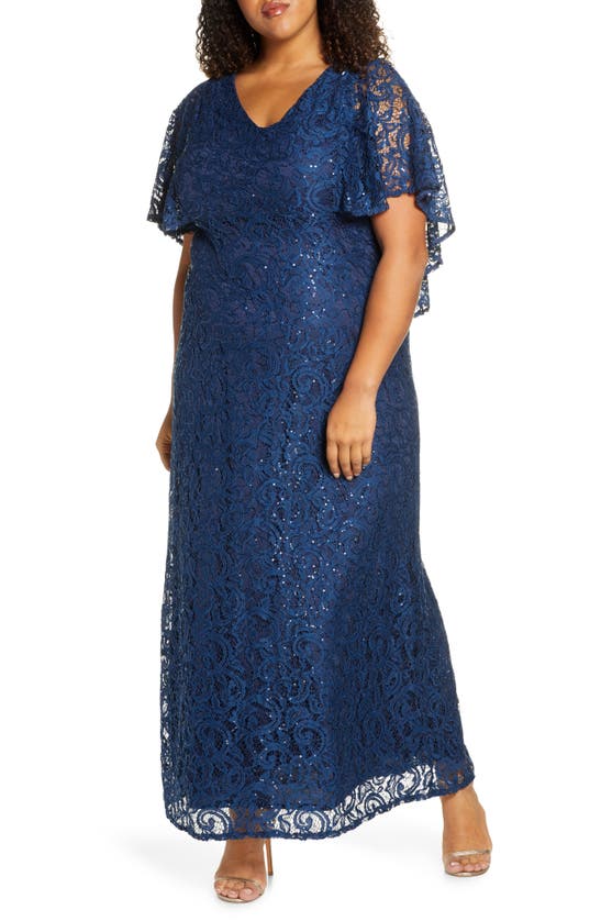 Shop Kiyonna Celestial Cape Sleeve Lace Gown In Nocturnal Navy