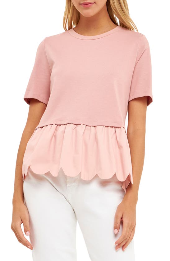 English Factory Mixed Media Scallop Peplum Cotton Top In Dusty Pink