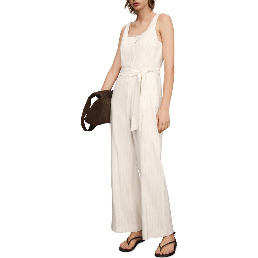 Mango Stripe Tie Belt Jumpsuit In Off White