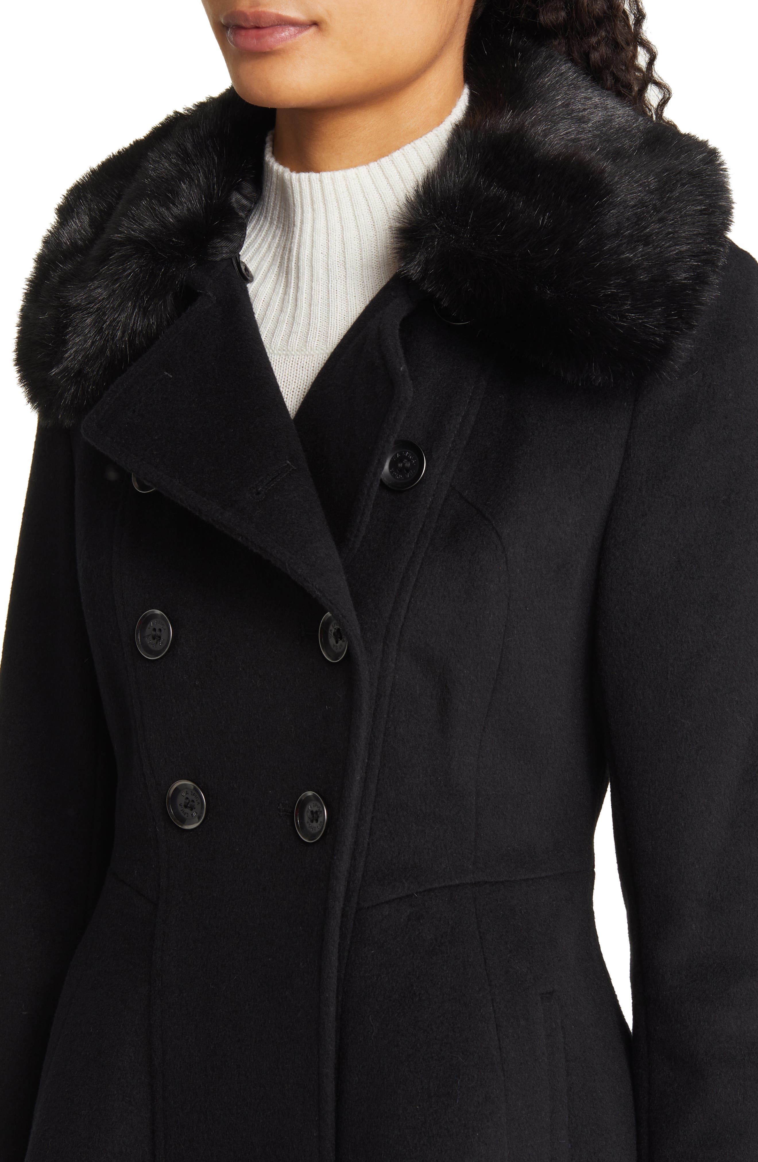 Via Spiga Women's Double Breasted Faux Fur Collar Fit 'n Flare Coat Black  Sz.10