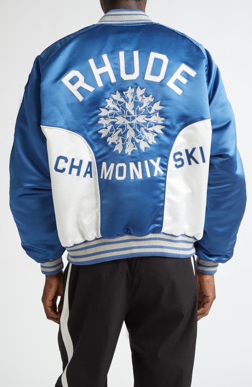 Shop Rhude Chamonix Ski Souvenir Satin Bomber Jacket In Blue/white