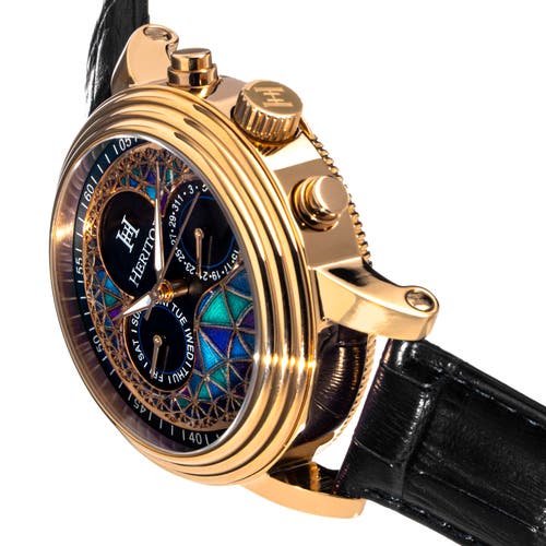 Heritor Automatic Men's Black / Gold Legacy Leather-band Watch With Day And Date - Black, Gold In Gold/black