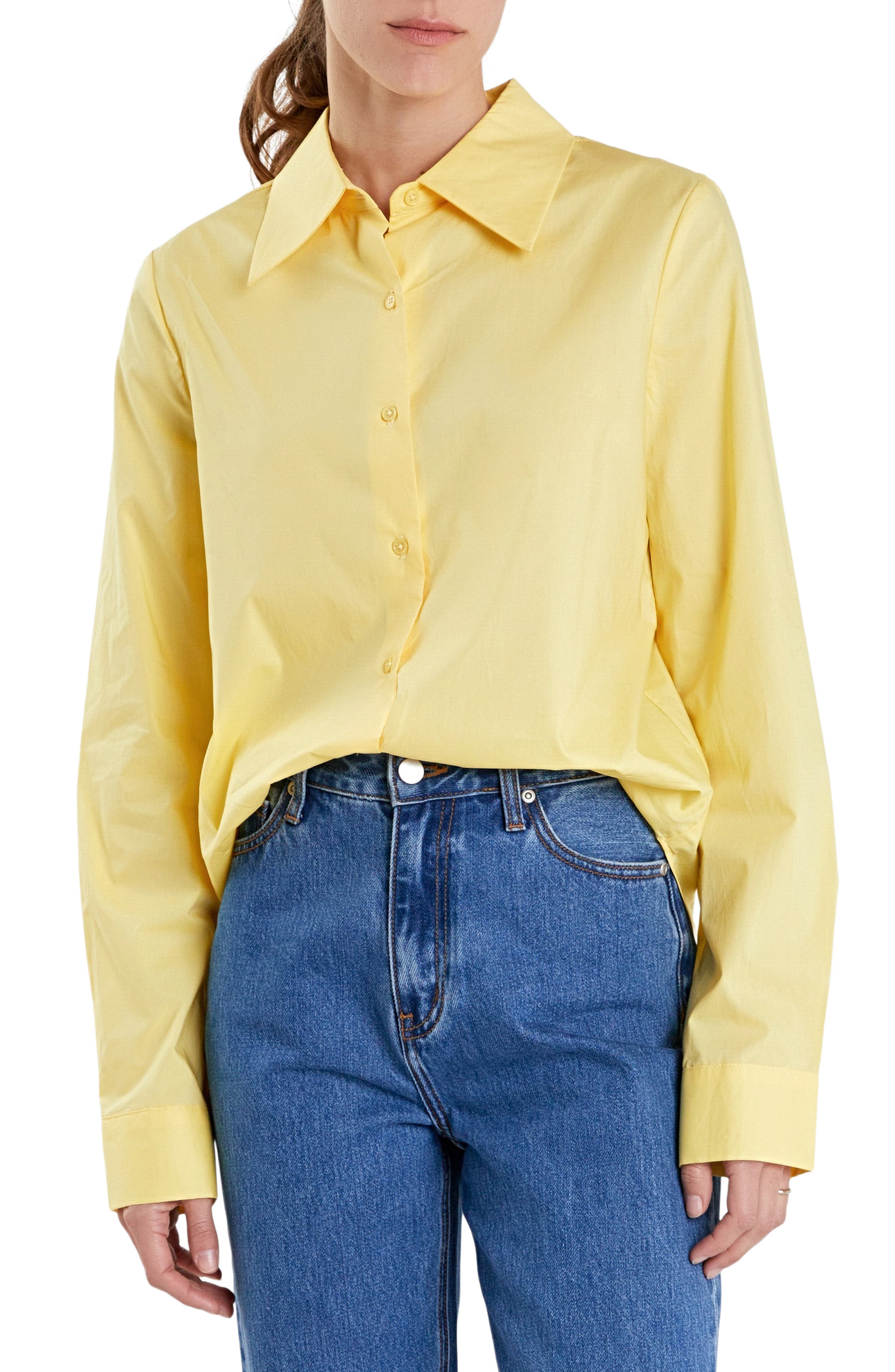 mustard button down shirt women's