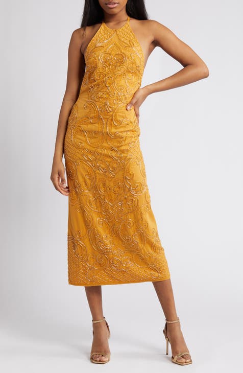 Mustard Yellow Dress - Satin Midi Dress - Tie-Back Tiered Dress - Lulus