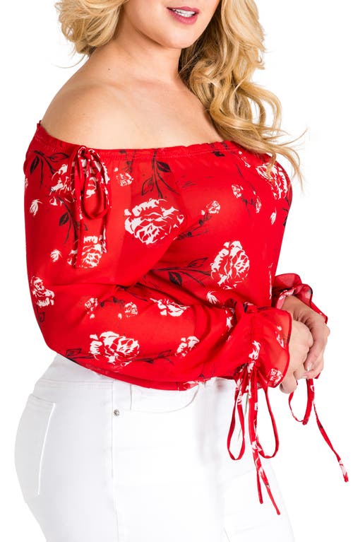 Standards & Practices Marina Off The Shoulder Tie Sleeve Top In Red Tulip Print