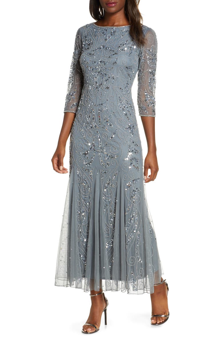 PISARRO NIGHTS Illusion Sleeve Beaded A-Line Gown, Main, color, STEEL
