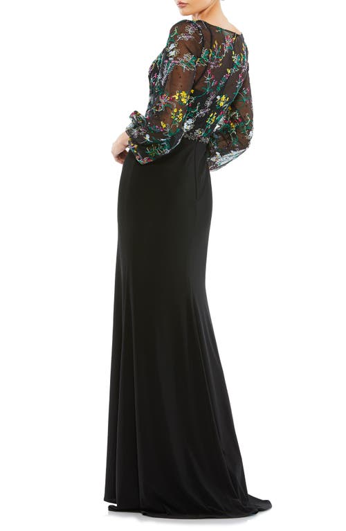 Shop Mac Duggal Embroidered Mesh Long Sleeve Column Gown In Black/multi