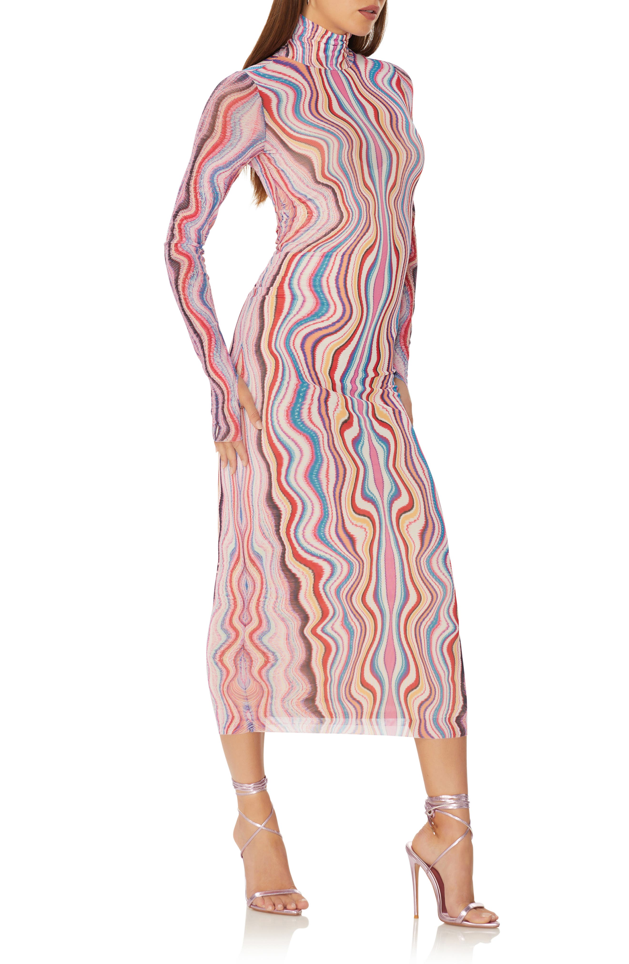 Afrm Shailene Mesh Long Sleeve Midi Dress in Multi Wave