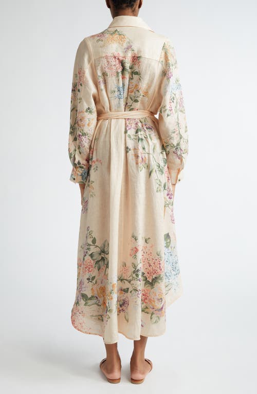 Shop Zimmermann Halliday Floral Long Sleeve Linen Shirtdress In Cream Watercolour Floral