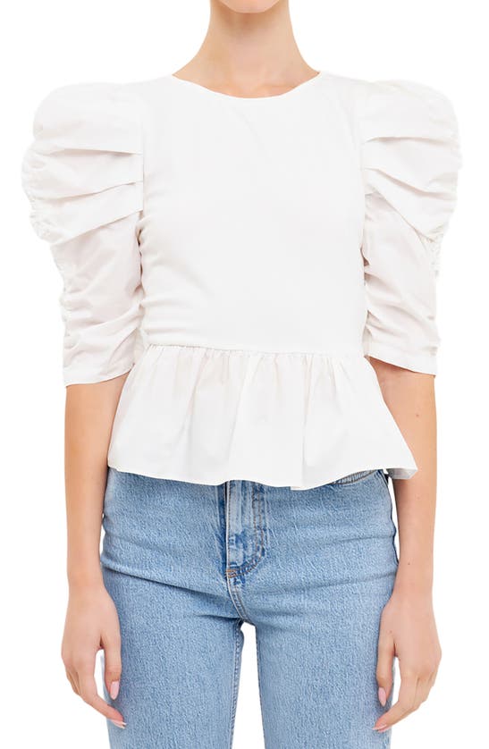English Factory Pleated Puff Sleeve Peplum Blouse In White