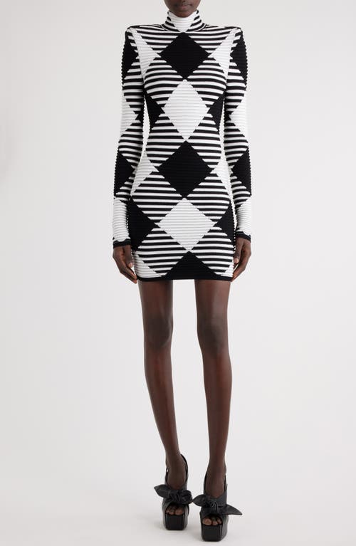 Shop Balmain Vichy Gingham Jacquard Long Sleeve Minidress In Eab Black/white