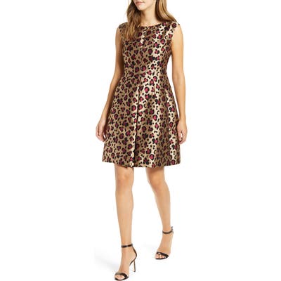 Anne Klein Animal Jacquard Fit & Flare Dress, Beige