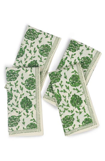 Tiramisu Green Artichoke Bliss Block Print Cotton Napkins In Green