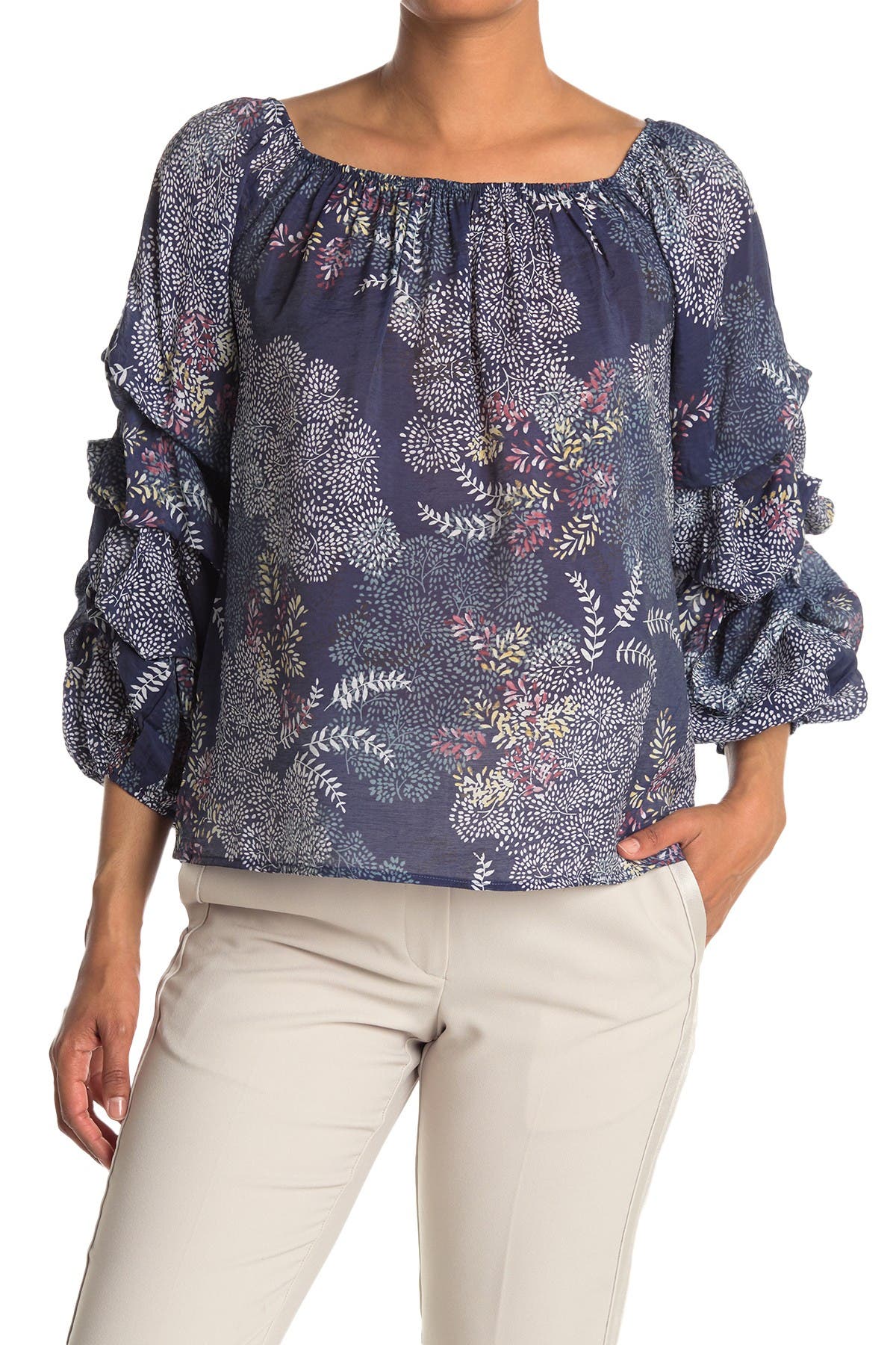 Patrizia Luca Printed Gathered Sleeve Off-the-shoulder Top In Navy