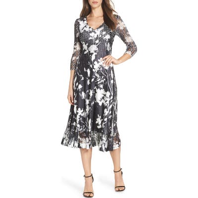 Petite Komarov Sheer Sleeve Floral Print Charmeuse A-Line Dress, Black