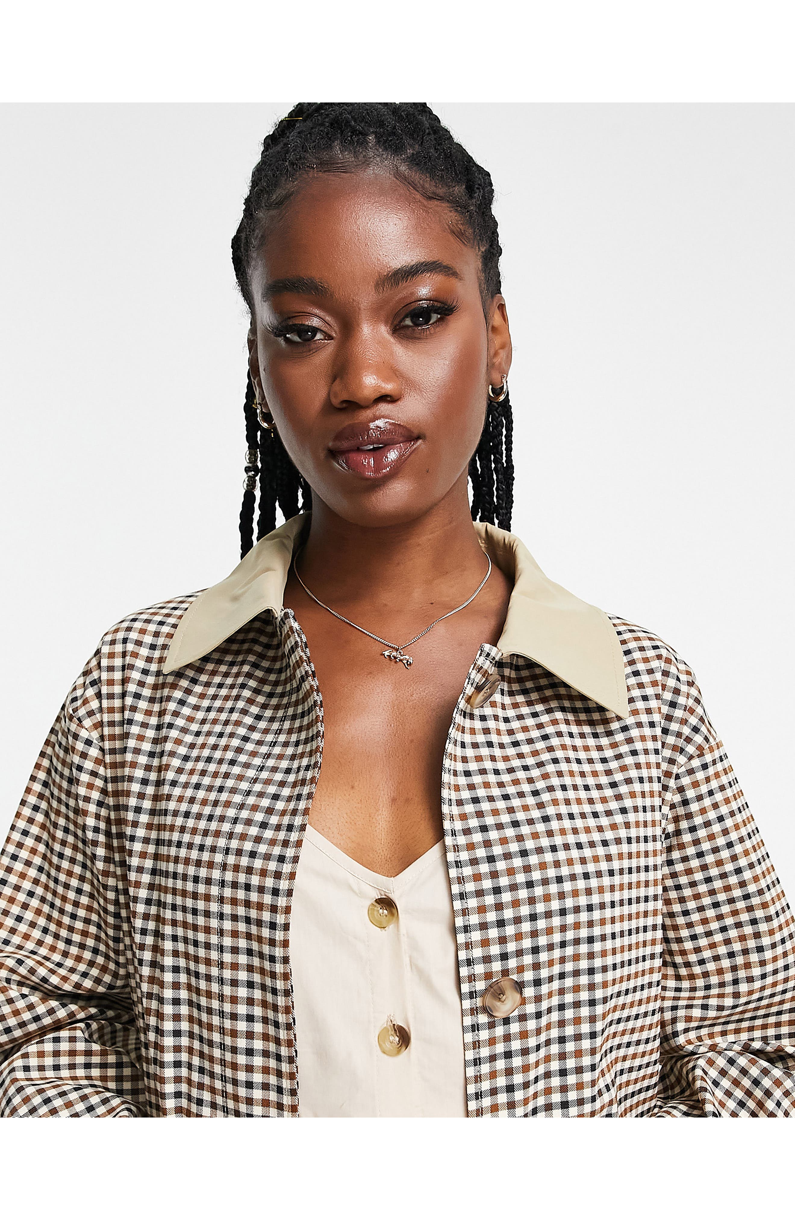 ASOS DESIGN Gingham Trench Coat in Beige | Smart Closet