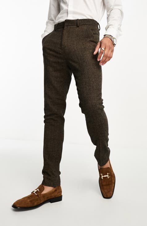 PJ PAUL JONES Mens Double Pleated Pants Tweed Herringbone Business Casual  Pants for Wedding Brown at  Men's Clothing store