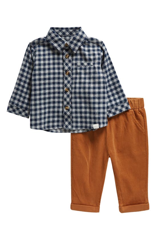 Shop Petit Lem Gingham Organic Cotton Flannel Shirt & Corduroy Pants Set In Navy