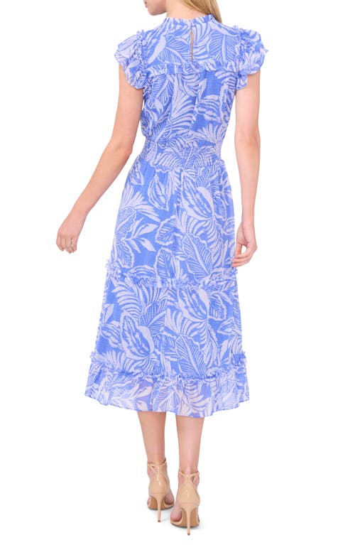 Shop Cece Palm Print Smocked Ruffle Midi Dress In Tropic Night Blue