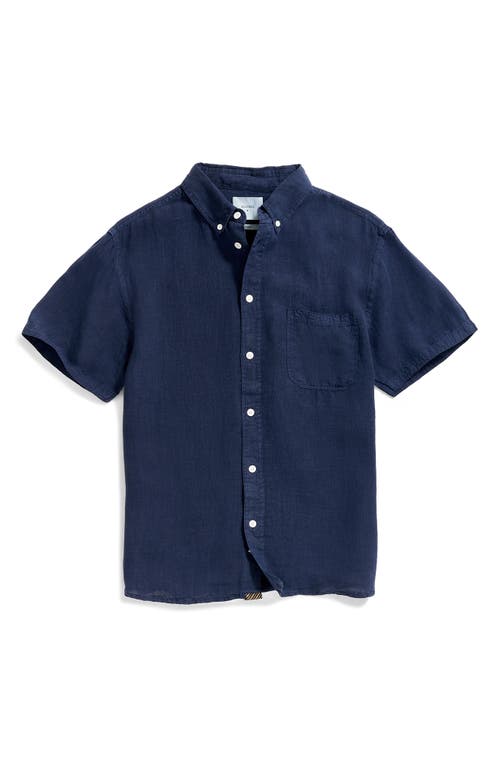 Billy Reid Tuscumbia Standard Fit Short Sleeve Linen Button-Down Shirt in Midnight Blue