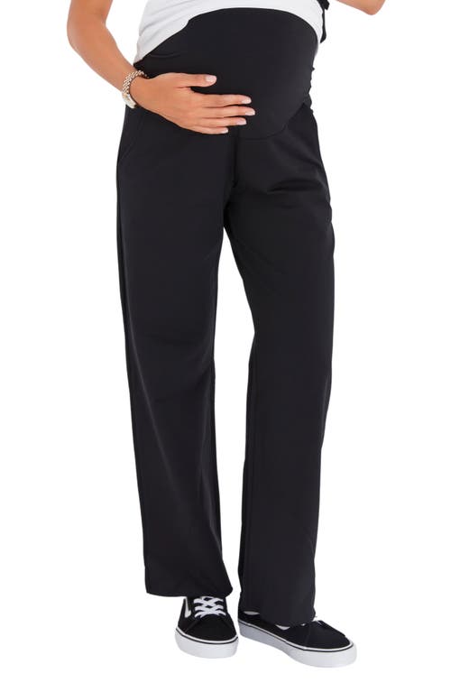 Foldover Waistband Stretch Cotton Maternity Pants in Black