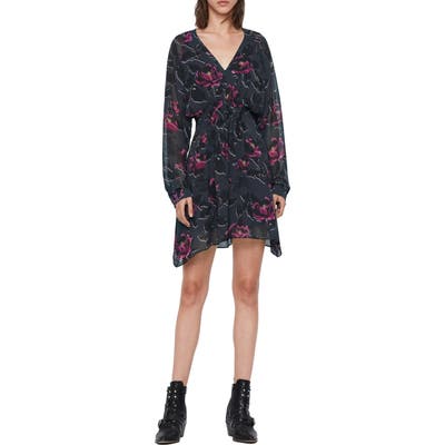 Allsaints Nichola Rosalyn Floral Long Sleeve Asymmetrical Hem Dress, Black
