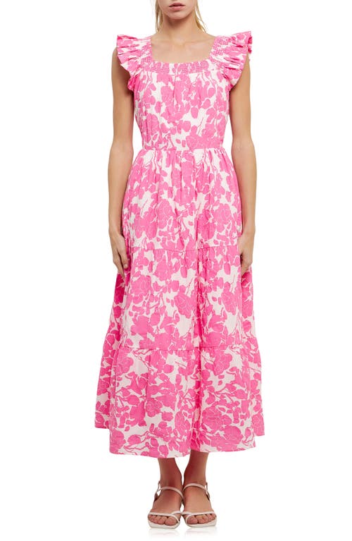 English Factory Floral Tie Back Tiered Cotton Dress in Fuchsia at Nordstrom, Size Medium